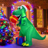 6-foot Christmas inflatable dinosaur in a snowy setting, featuring bright LED lights and a festive design for outdoor.