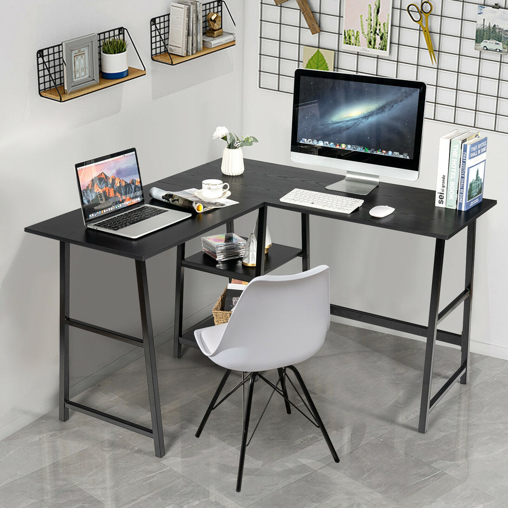 L Shaped Corner Computer Desk with Storage Shelves-Black - Gallery View 1 of 12