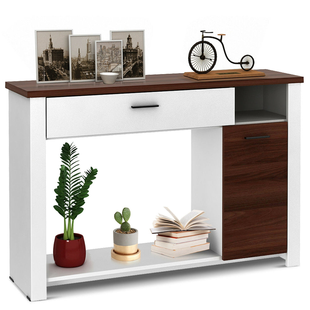 48-inch console table with drawer and cabinet, featuring a wide tabletop and modern design for versatile storage.