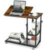 C-shaped adjustable bedside table in rustic brown with lockable wheels and 2-tier wire shelf for versatile use.