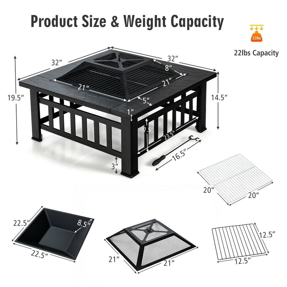 32-inch outdoor square fire pit table with BBQ grill, rain cover, and dimensions for versatile outdoor use.