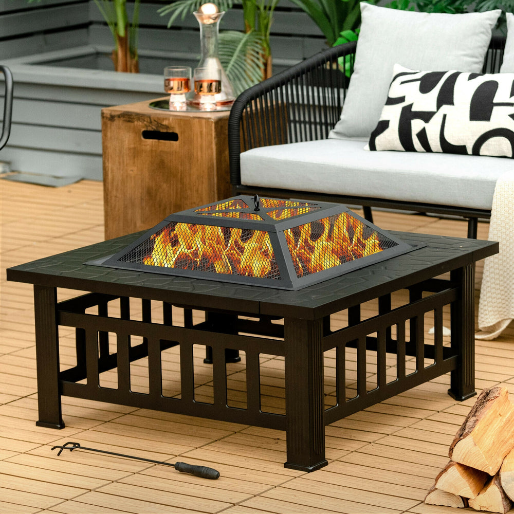32-inch outdoor square fire pit table with BBQ grill, featuring a mesh cover and heat-resistant steel for backyard.