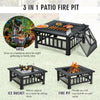 32-inch outdoor square fire pit table with BBQ grill and ice bucket, perfect for camping and backyard gatherings.