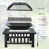 32-inch outdoor square fire pit table with BBQ grill, mesh lid, and rain cover, perfect for camping and backyard.