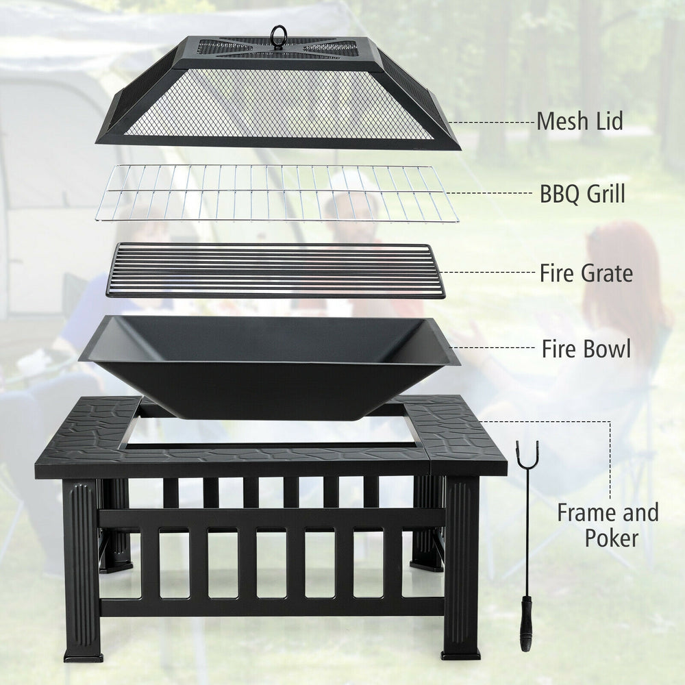 32-inch outdoor square fire pit table with BBQ grill, mesh lid, and rain cover, perfect for camping and backyard.