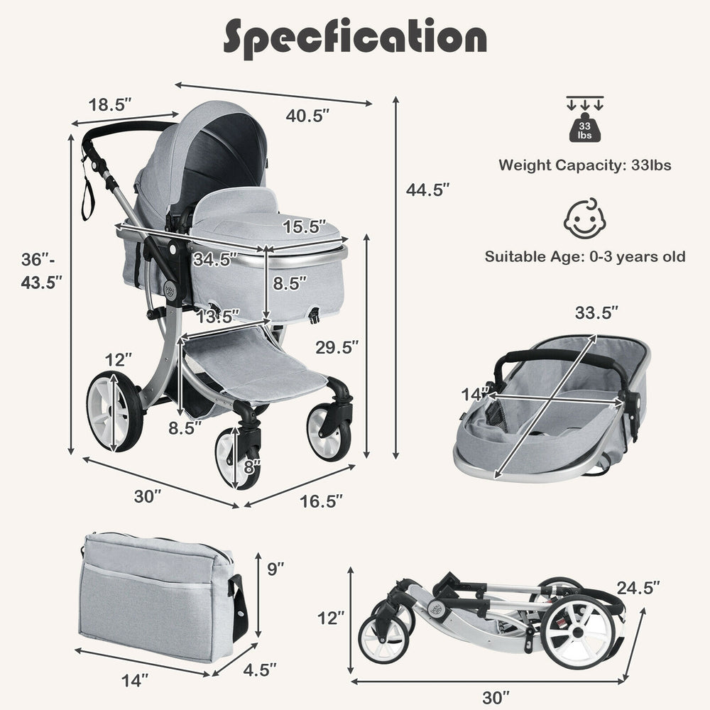 Folding gray aluminum infant stroller with adjustable backrest, removable foot cover, and large storage basket for ages.