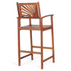 Acacia wood bar chair with sunflower backrest and armrests, ideal for outdoor patio use and comfortable seating.