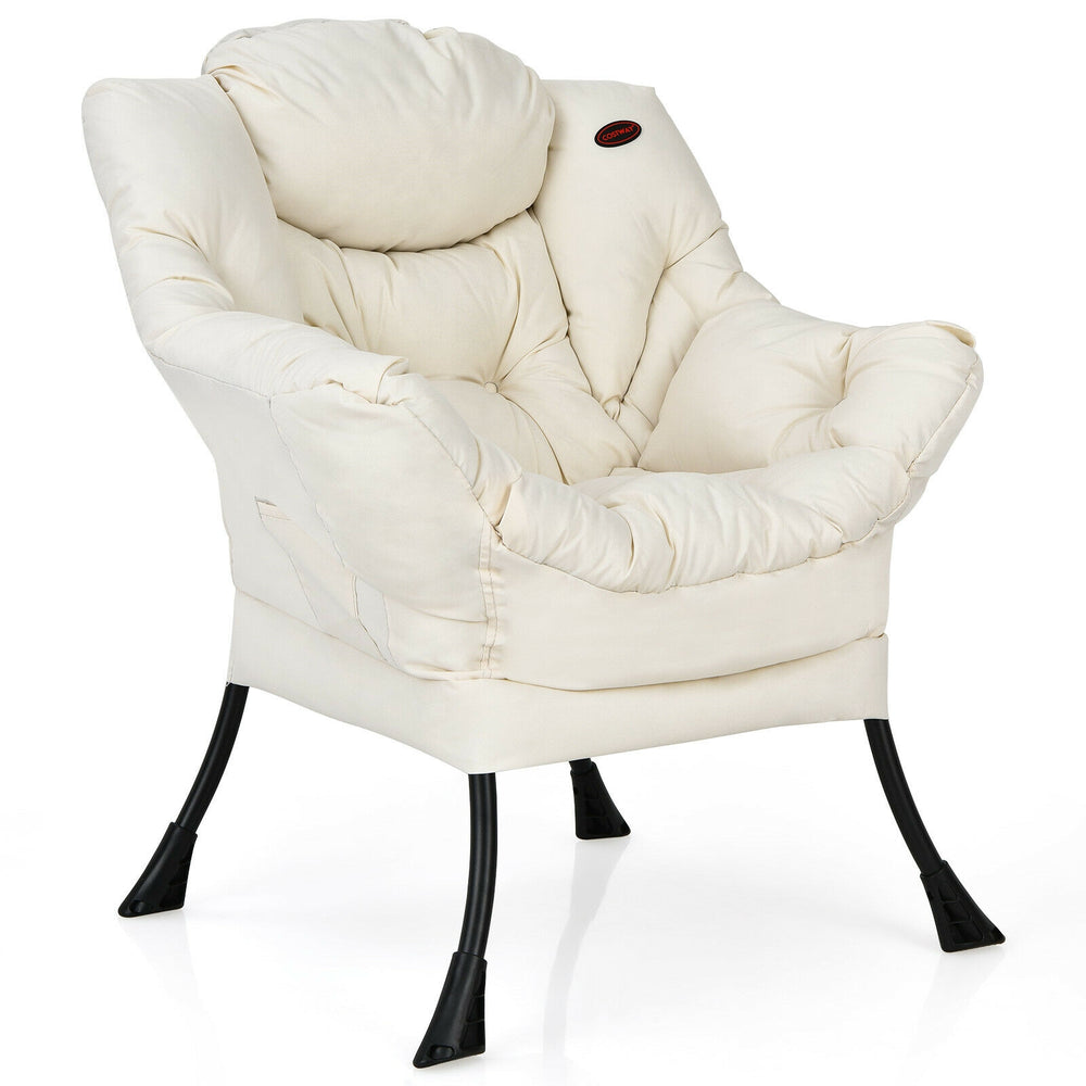 Beige polyester fabric lazy chair with ergonomic design, steel frame, and side pocket for versatile home or office use.