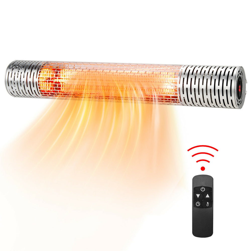 Infrared electric heater in silver with remote control, featuring 1500W power and IP55 waterproof design for indoor and.