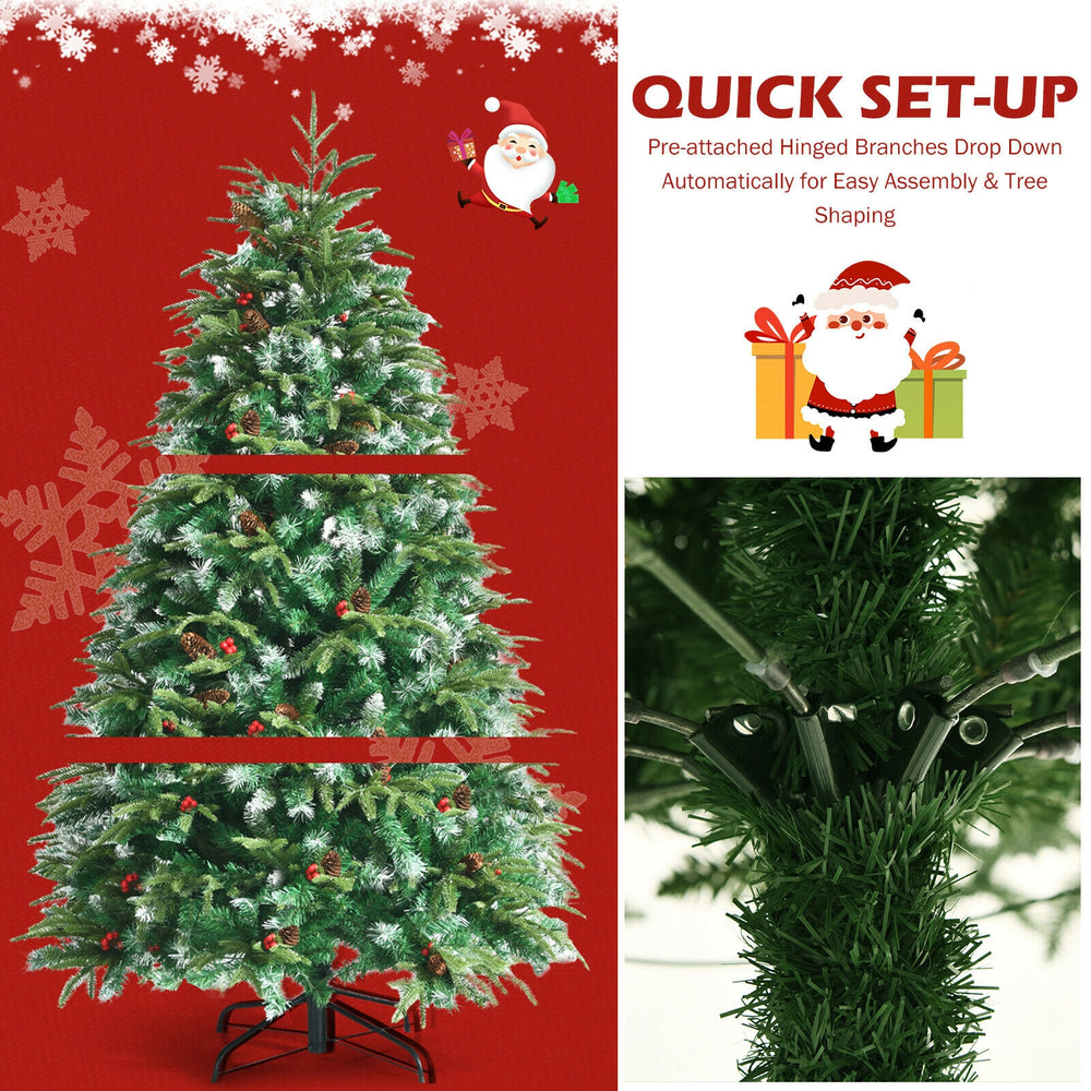 5 ft pre-lit snowy Christmas tree with hinged branches, multi-color LED lights, and festive red berries for holiday.