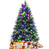 5 ft pre-lit snowy Christmas tree with multi-color lights, featuring a hinged design and surrounded by wrapped gifts.