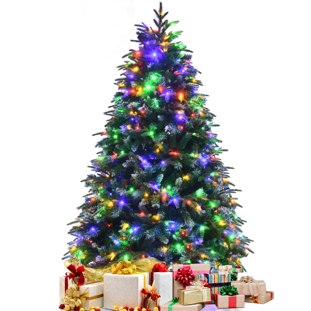 5 ft pre-lit snowy Christmas tree with multi-color lights, featuring a hinged design and surrounded by wrapped gifts.