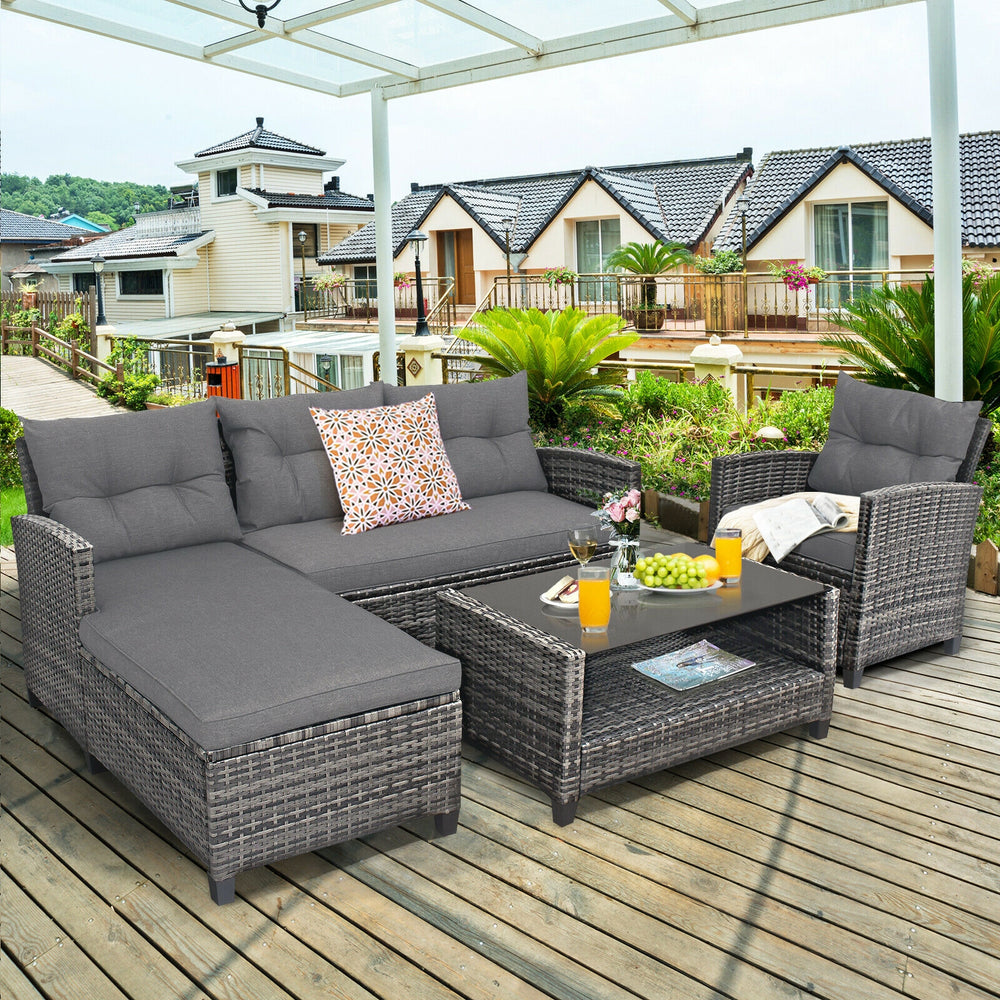 4 Pieces Patio Rattan Furniture Set with Cushion and Table Shelf-Gray - Gallery View 1 of 11