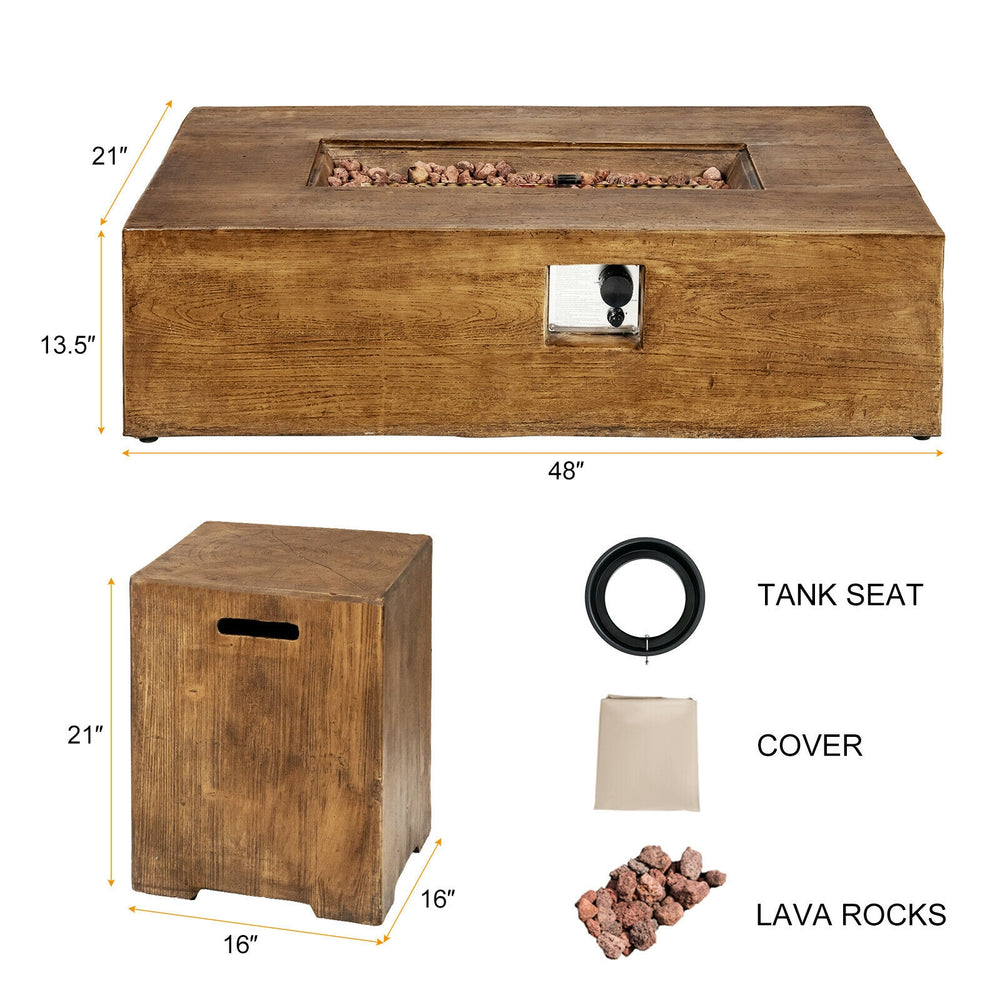 Outdoor propane fire pit table set with classic wood finish, 50,000 BTU, includes tank holder and free lava rocks.