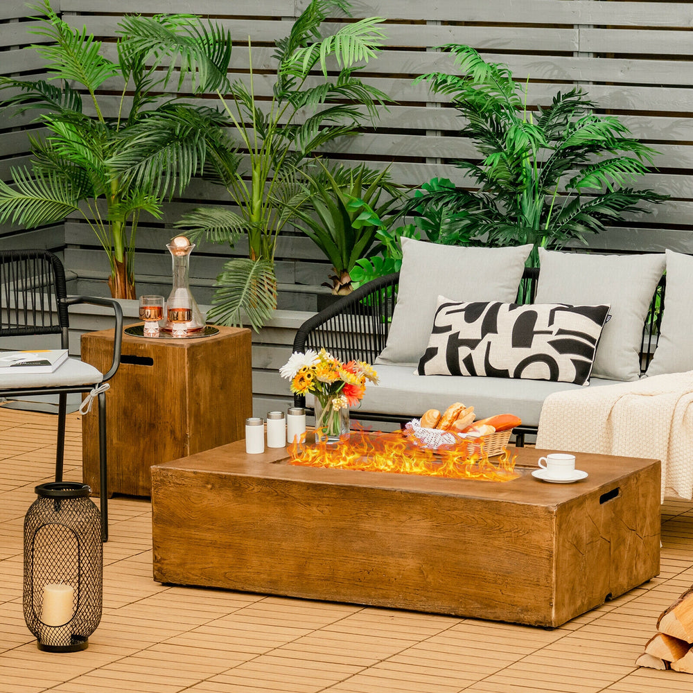 Outdoor propane fire pit table set with classic wood finish, perfect for backyard gatherings and cozy evenings.
