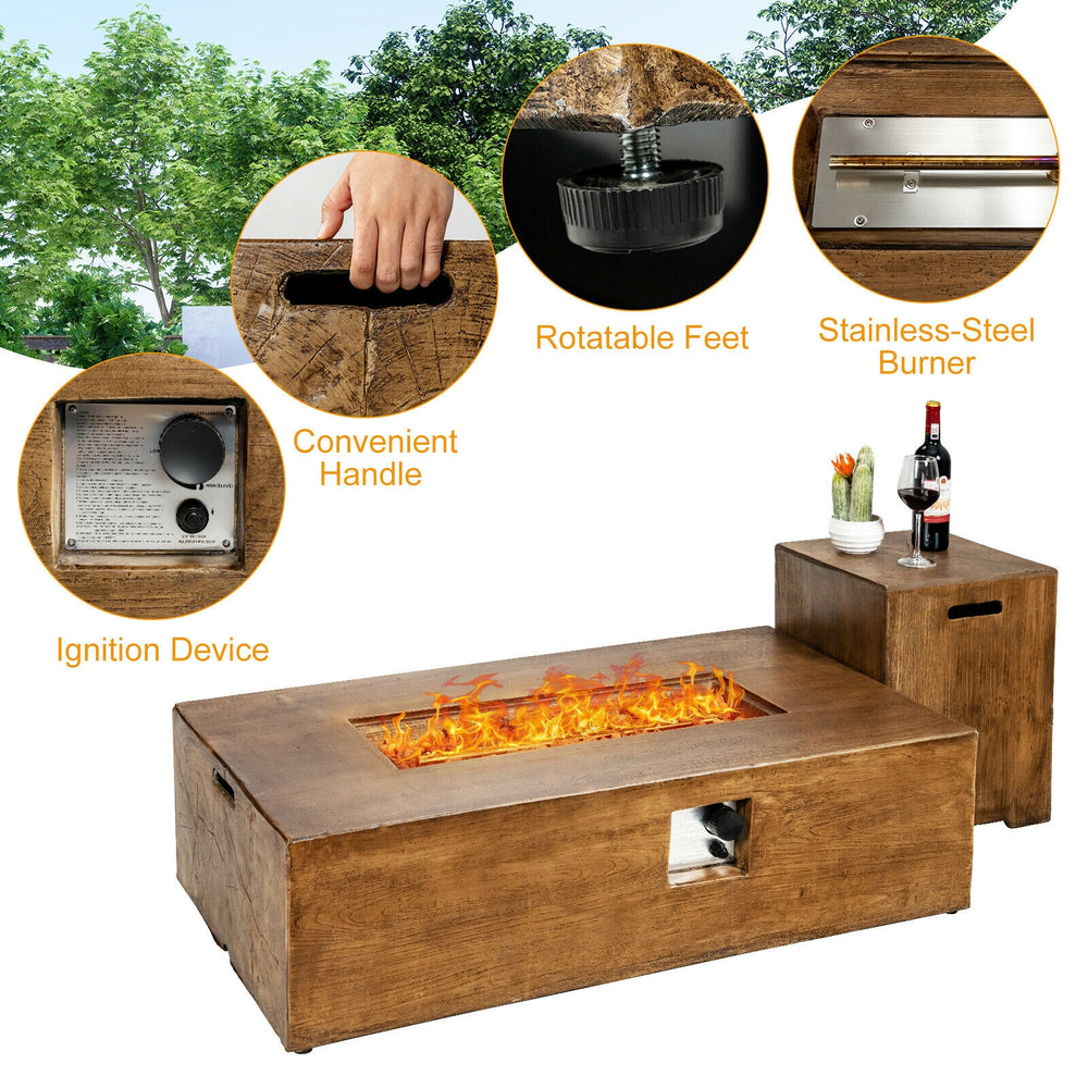 Outdoor propane fire pit table set with classic wood finish, 50,000 BTU burner, and convenient tank holder for backyard.