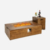 Outdoor propane fire pit table set with classic wood finish, 50,000 BTU output, and pull-out tank holder for snacks.