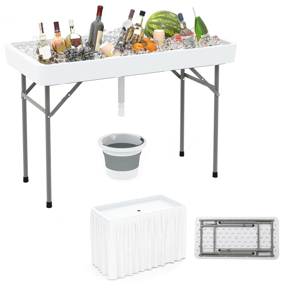 Portable 4-foot ice cooler folding table with large sink, featuring a sturdy metal frame and removable skirt for easy.