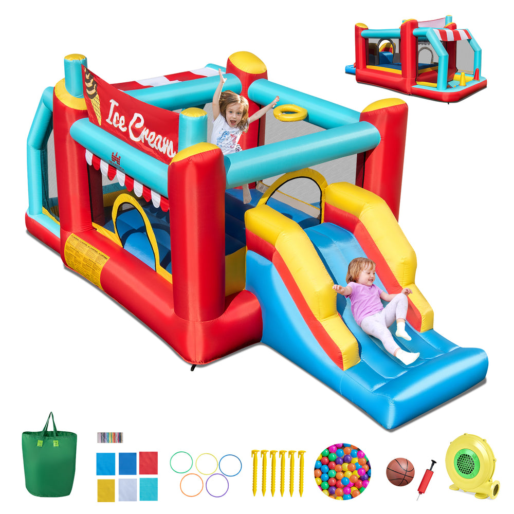 5-in-1 Ice Cream inflatable bounce house with slide and ball pit, featuring a basketball hoop and ring-toss game for.
