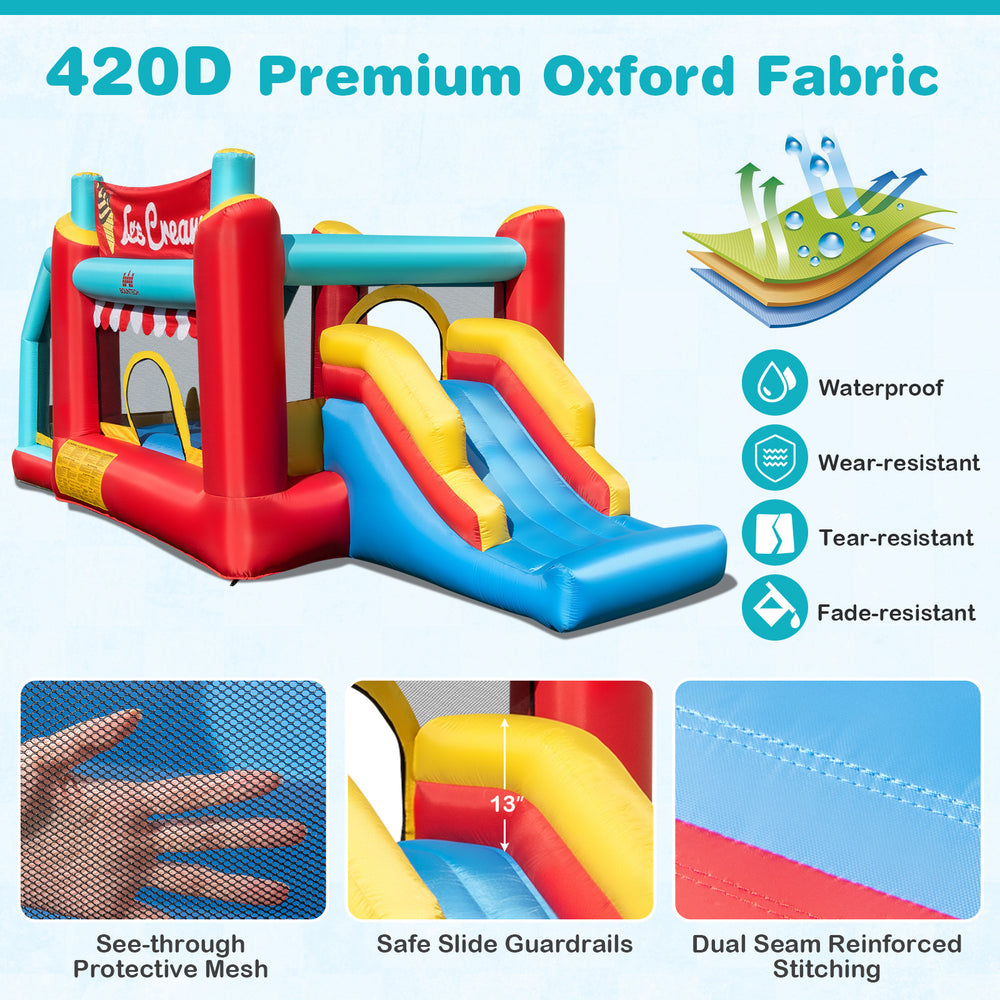 5-in-1 Ice Cream inflatable bounce house with slide, ball pit, and mesh safety features for kids' fun and exercise.