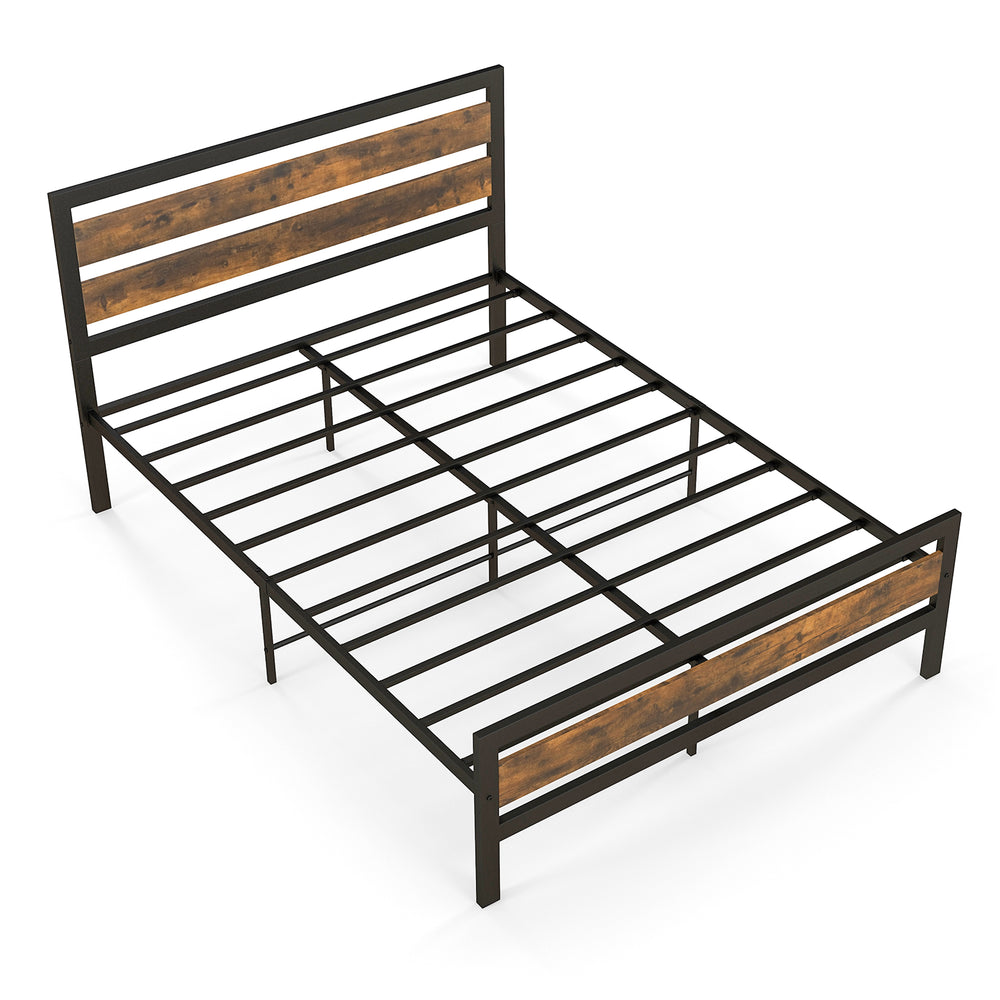 Full/Queen industrial bed frame with rustic headboard and footboard, featuring a sturdy metal design and 12" under-bed.