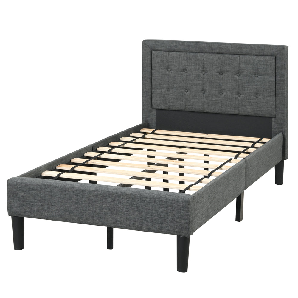 Twin size upholstered bed frame with button tufted headboard, solid slats, and breathable fabric for modern bedrooms.