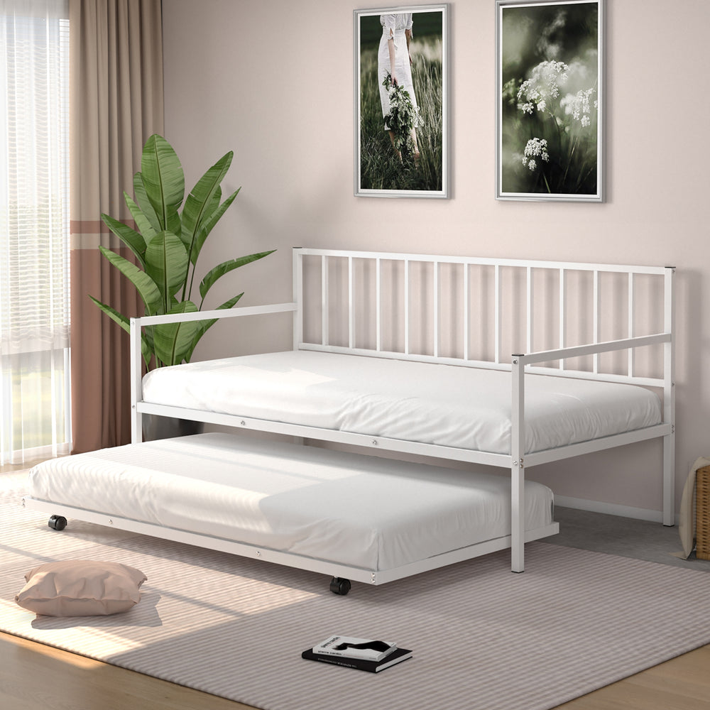 Twin Metal Daybed with Roll Out Trundle Heavy Duty Frame Sofa Bed Set White - Gallery View 1 of 8
