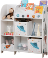 Kids toy and book organizer with 5 compartments and 2 cloth drawers, designed for safe and easy access in children's.