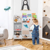 Kids toy and book organizer with 5 compartments and 2 cloth drawers, designed for easy access and safety in children's.