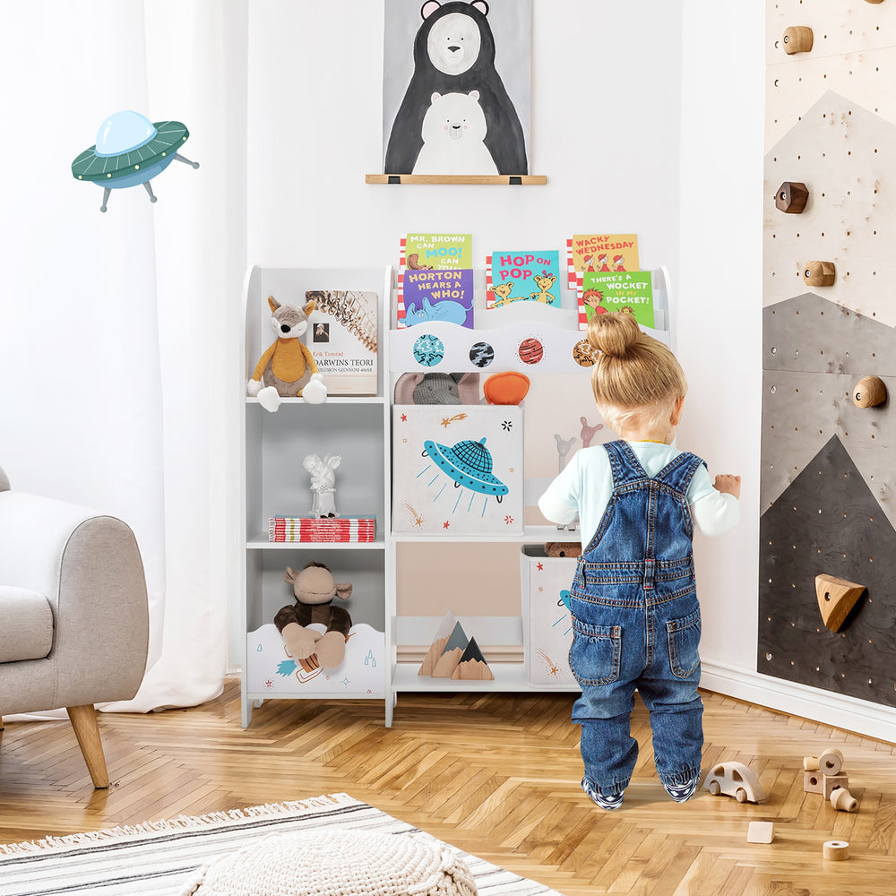 Kids toy and book organizer with 5 compartments and 2 cloth drawers, designed for easy access and safety in children's.