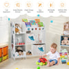 Kids toy and book organizer with 5 compartments and 2 cloth drawers, designed for easy access and safety in playrooms.