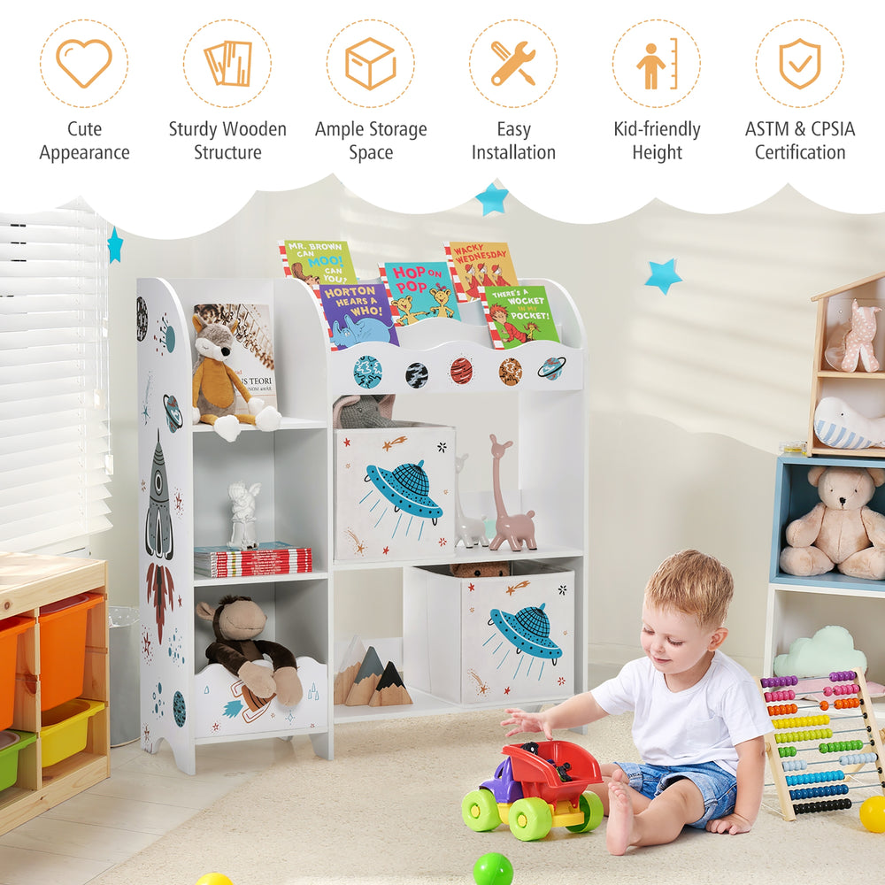 Kids toy and book organizer with 5 compartments and 2 cloth drawers, designed for easy access and safety in playrooms.