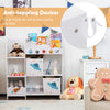 Kids toy and book organizer with 5 compartments and 2 cloth drawers, designed for safety and easy access in children's.