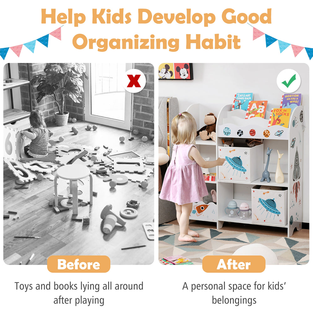 Kids toy and book organizer with 5 compartments and 2 cloth drawers, designed for easy access and safe storage.