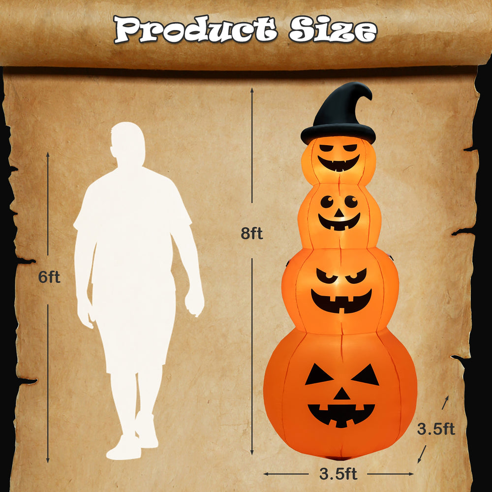 8-foot inflatable Halloween pumpkin stack with LED lights, showing size comparison for yard decoration.