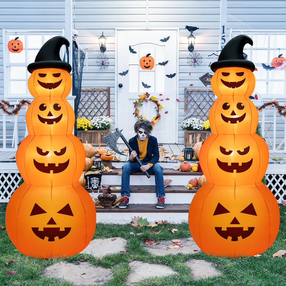 8-foot inflatable Halloween pumpkin stack with LED lights, perfect for yard decoration and nighttime ambiance.