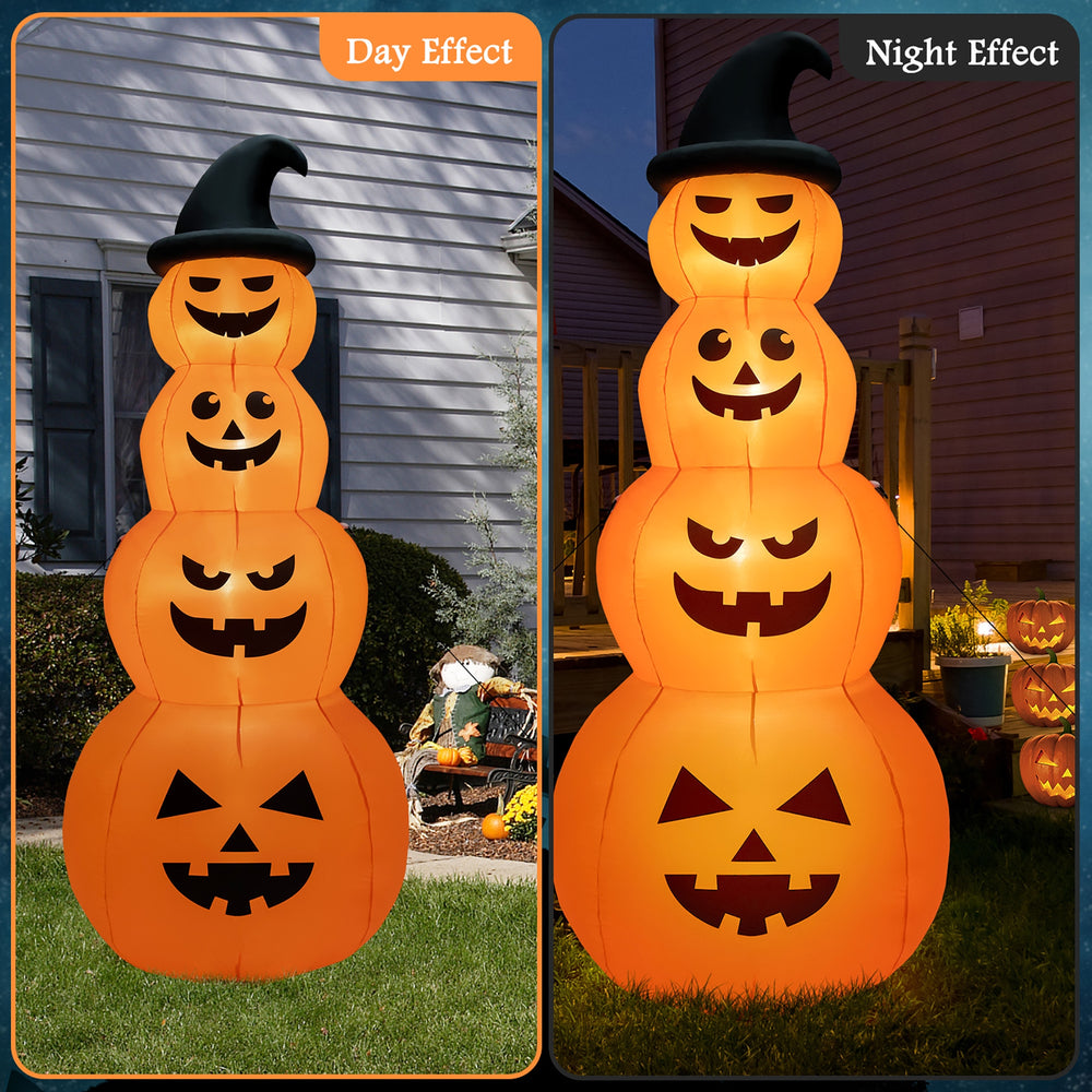 8-foot inflatable Halloween pumpkin stack with LED lights, perfect for yard decoration, shown in day and night effects.