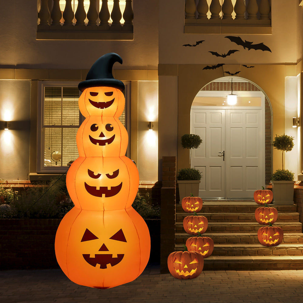 8-foot inflatable Halloween pumpkin stack with LED lights, perfect for yard decoration and nighttime viewing.
