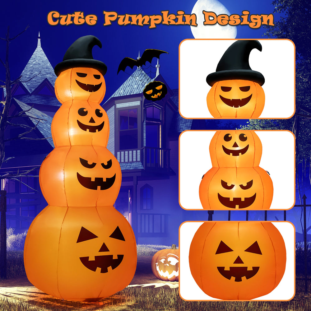 Inflatable 8 feet Halloween pumpkin stack with LED lights, made of durable polyester, perfect for yard decoration.