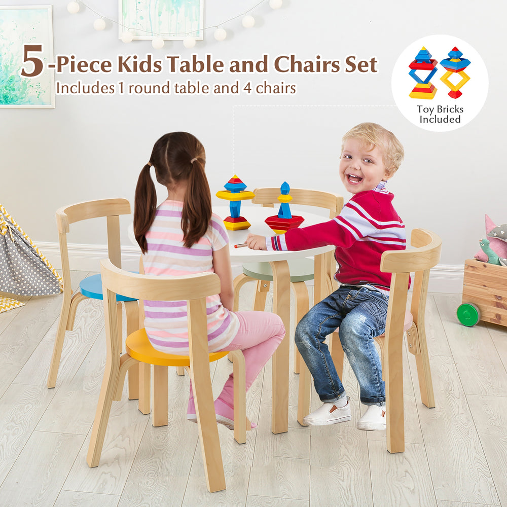 5-piece kids wooden table and chair set with curved back, includes toy bricks, perfect for playroom or kindergarten use.