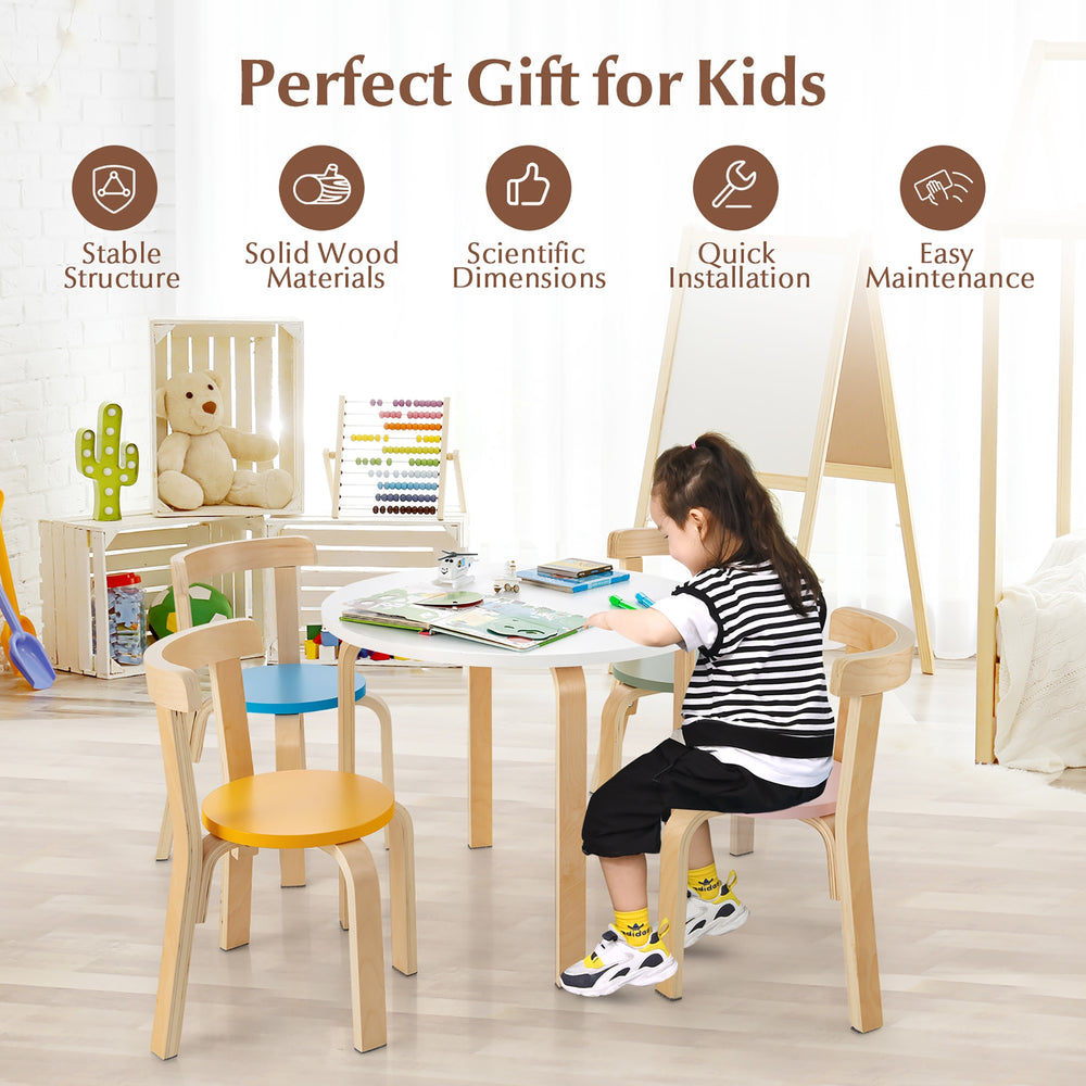 Kids wooden activity table and chair set with curved backrest, made of poplar and birch, perfect for playrooms.