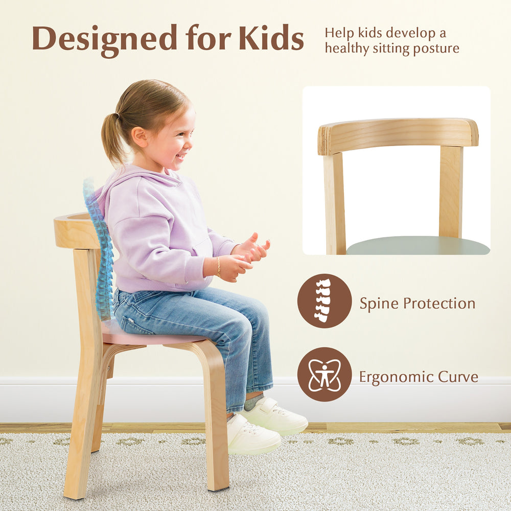 Kids wooden chair with ergonomic curve, designed for comfort and safety, perfect for playrooms and classrooms.