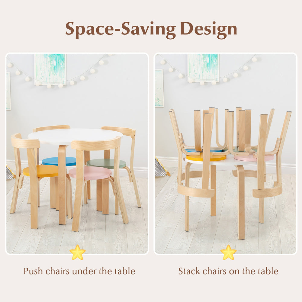 5-piece kids activity table set showing space-saving design with stacked chairs and round table for playroom use.