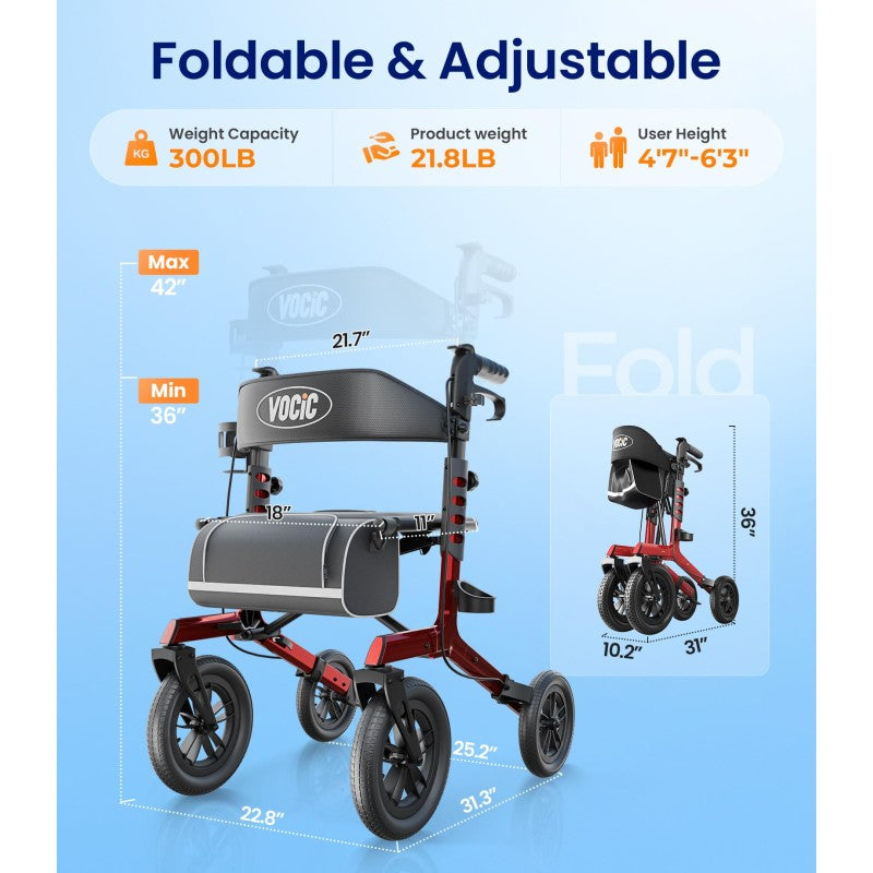 Vocic Z57 Outdoor Rollator Walker with 12" All-Terrain Wheels 300 Lbs. Capacity New