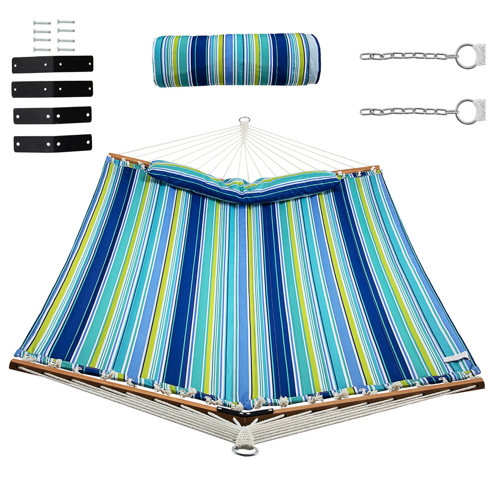Foldable patio hammock with blue striped fabric, curved wood spreader, detachable pillow, and sturdy hanging chains.
