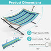 Patio hammock with blue striped fabric, dimensions 75"x126", accommodates 1 person, portable design for easy transport.