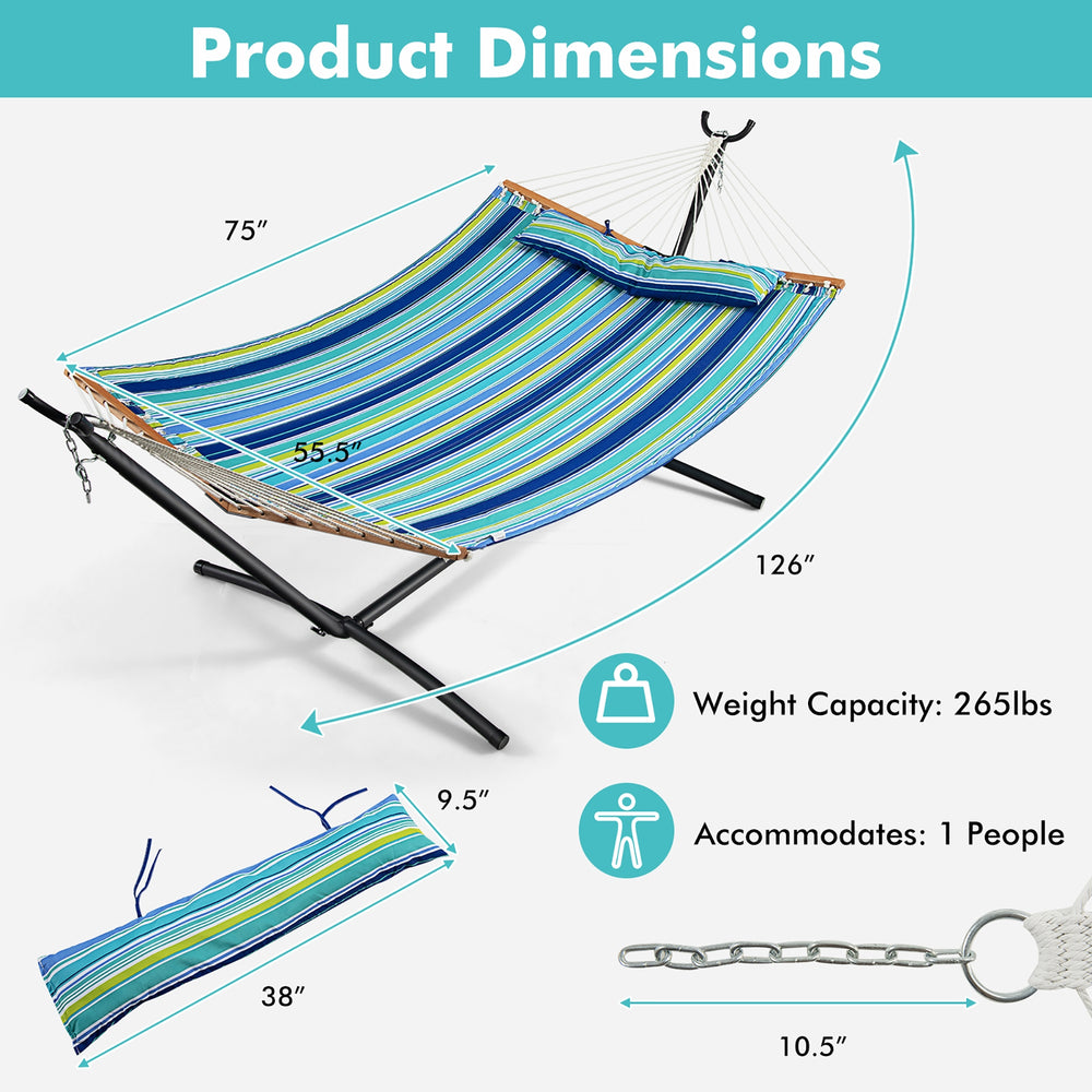 Patio hammock with blue striped fabric, dimensions 75"x126", accommodates 1 person, portable design for easy transport.