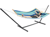 Colorful patio hammock with detachable pillow, made of durable polyester, perfect for outdoor relaxation on the beach.