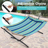 Colorful patio hammock with adjustable chains and detachable pillow, perfect for outdoor relaxation and easy transport.