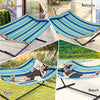 Foldable patio hammock with colorful stripes, made of durable polyester and curved wood, perfect for outdoor relaxation.
